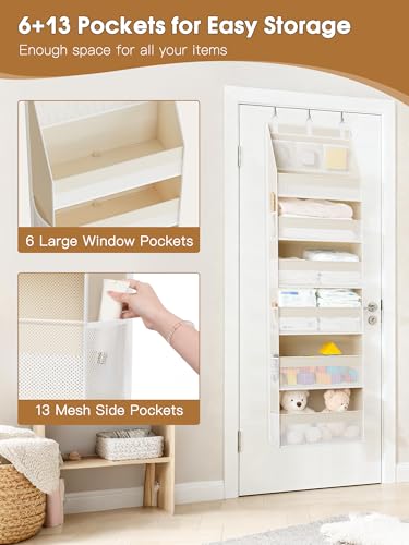 Over the Door Organizer, 6-Shelf Closet Hanging Storage with 13 Mesh Pockets, 55lbs Capacity Behind the Door Storage for Baby Nursery, Bathroom, Bedroom, and Dorm, Beige