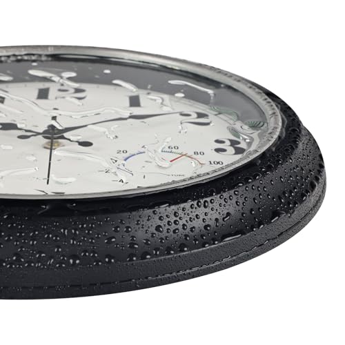 45MinST 13-Inch Vintage Outdoor Wall Clock with Thermometer and Hygrometer, Waterproof, Large Numbers, Silent, for Indoor and Outside Use,Porch,Garden,Pool(Black Frame with Silver Trim)