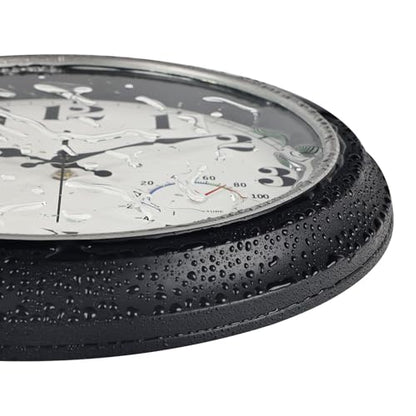 45MinST 13-Inch Vintage Outdoor Wall Clock with Thermometer and Hygrometer, Waterproof, Large Numbers, Silent, for Indoor and Outside Use,Porch,Garden,Pool(Black Frame with Silver Trim)