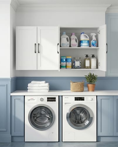 Wall Cabinet with Adjustable Shelves, Laundry Room Cabinet with 4 Doors, Kitchen Storage Cupboard Cabinet, Wall Mount Medicine Cabinet for Bathroom, Living Room, White