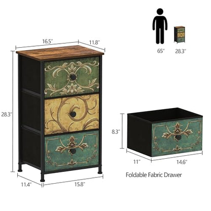 Small Dresser for Bedroom with Retro Flower Narrow Drawers Slim Chest of Drawers Skinny Nightstand Sofa End Table for Living Room Entryway Closet Storage (Multi, 3 Drawers)