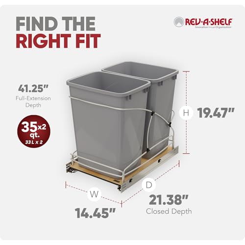 Rev-A-Shelf Double Pullout Trash Can w/Soft-Close Slides, 14.5" Min Opening | Large Capacity Garbage/ Recycling Waste Bins for Under Kitchen Cabinets, Heavy Gauge Wire Construction, 54WC-1835SC-17-1
