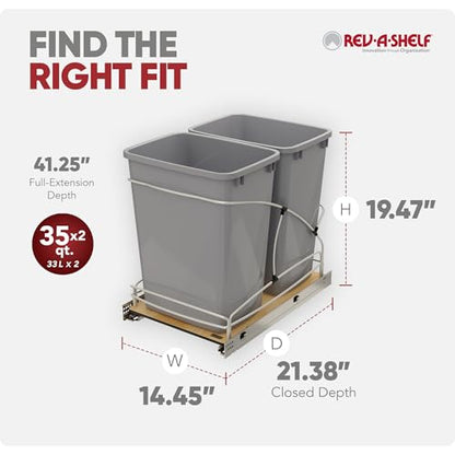 Rev-A-Shelf Double Pullout Trash Can w/Soft-Close Slides, 14.5" Min Opening | Large Capacity Garbage/ Recycling Waste Bins for Under Kitchen Cabinets, Heavy Gauge Wire Construction, 54WC-1835SC-17-1