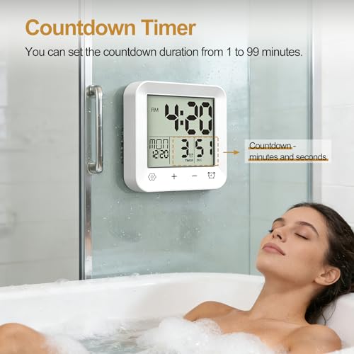 Shower Clock Waterproof, Bathroom Digital Clock with Timer, LCD Display, Touch Screen, Suction Cup, Temp, Seconds, Hanging, Hole Stand, Digital Wall Clocks Battery Operated for Kids and Adults