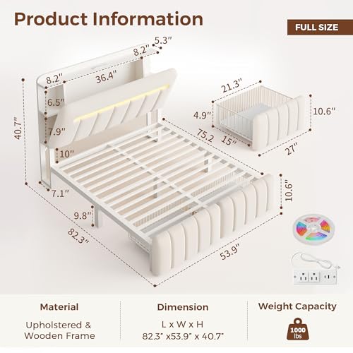 Jocoevol Full Size Bed Frame with Storage Headboard,Upholstered White Bed Frame Full with Storage Drawers and Charging Station,Velvet Platform Metal Bed, Noise-Free No Box Spring Needed