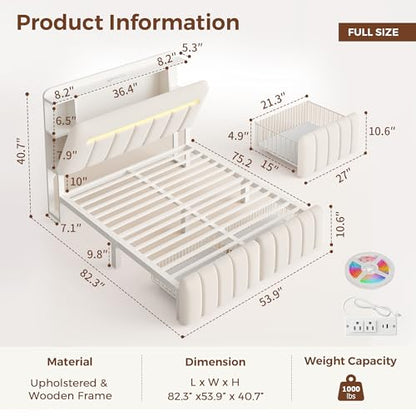 Jocoevol Full Size Bed Frame with Storage Headboard,Upholstered White Bed Frame Full with Storage Drawers and Charging Station,Velvet Platform Metal Bed, Noise-Free No Box Spring Needed