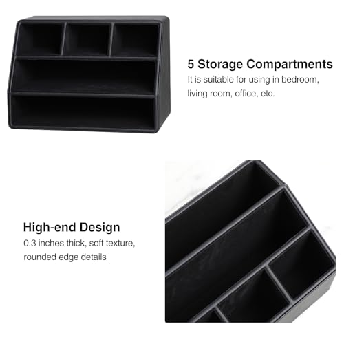 PU Leather Desk Organizer, Remote Control Holder, Black | Luxury Nightstand Organizer for Home, Office Desk Accessories, Bedside Table Caddy with 5 Compartments, Velvet Lining