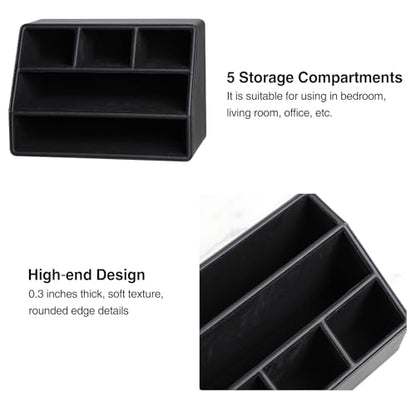 PU Leather Desk Organizer, Remote Control Holder, Black | Luxury Nightstand Organizer for Home, Office Desk Accessories, Bedside Table Caddy with 5 Compartments, Velvet Lining