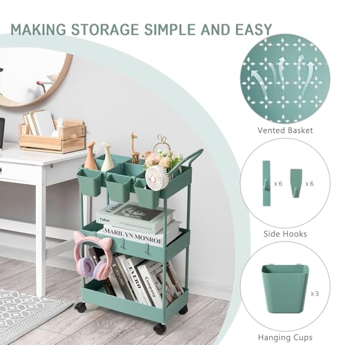 Storage Cart on Wheels, 3 Tier Bathroom Cart Organizer Slim Laundry Narrow Shelf with Wheels Dividers Hanging Cups Hooks Handle Easy Assembly, Green