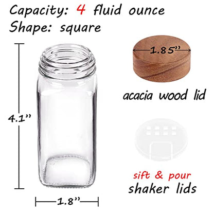 24 Pack 4oz Glass Spice Jars with 547 Labels, Acacia Wood Lids