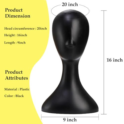 Mannequin Head 16 Inch Professional Plastic Black 1PC with Jack,Durability Multi-Purpose Women Model Wig Stand,Suitable For Displaying and Styling Wigs,Hats,Masks,Headdresses and Necklaces
