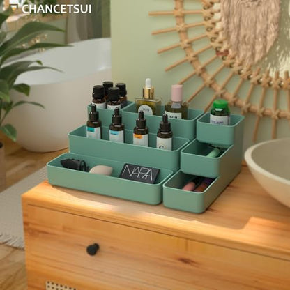 CHANCETSUI 9 Pcs Stackable Drawer Organizer Trays Set, Green, Multifunctional Storage for Vanity, Bathroom, Kitchen, Desk Drawer Organizer Office, PET Plastic | sage green desk shallow vanity plastic office junk small bins kitchen