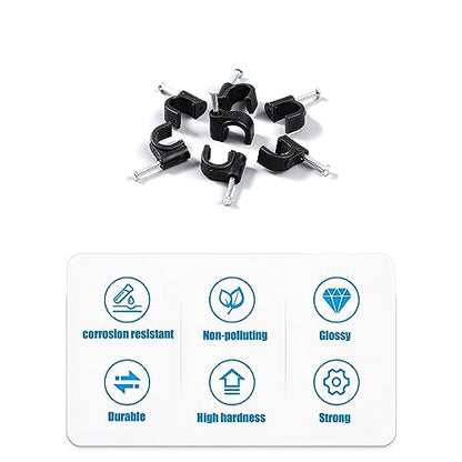 700 Pcs Cable Clips with Steel Nails, Nail in Cable Clips, Black 4/5/6/8/10mm Cable Wire Clips, Cable Wall Clips, Wire Staples Cord Clips with Nails for Speaker Ethernet Cords Wires