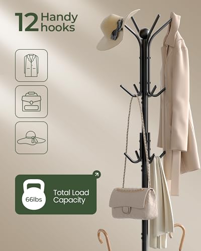 Coat Rack Freestanding, Coat Rack with Umbrella Holder, Entryway Hanger Stand with12 Hooks, Metal Hall Tree for Bags, Coats, Hats, Entryway, Hallway, Living Room, Bedroom, Office Black TYM01BB
