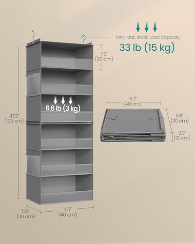 SONGMICS Hanging Closet Organizer, 6-Tier Fabric Storage Shelf, Separable Closet Hanging Shelf with Side Pockets, Foldable, Metal Hooks and Bamboo Inserts, Dove Gray URCH007G01