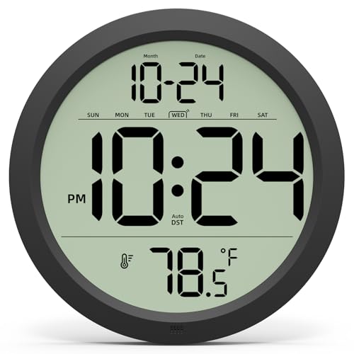 Digital Wall Clock Battery-Operated, 8 Inch Small Decorative Modern Wall Clock with Date, Temperature, Auto-DST, Silent Electric Wall Clock for Bedroom, Living Room, Kitchen, Office, Farmhouse -Black
