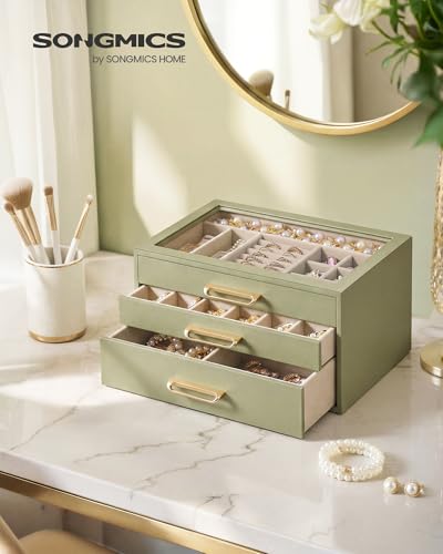 SONGMICS Jewelry Box with Glass Window, 3-Layer Organizer | Jewelry storage organizer with 3 drawers, Golden Handles, for Rings, Earrings, Bracelets, Gift Idea, Sage Green UJBC206CE01S