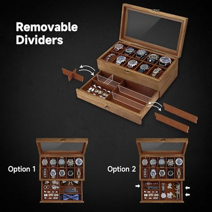Watch Box with 10 Slots, 2-Tier Watch Case for Large Dial Watches, Watch Display Case with Lid, Removable Watch Pillows, Gifts for Men Women, Watch Organizer with Drawer, Jewelry Box, Walnut