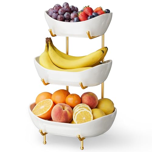 Ceramic 3 Tier Fruit Bowl, Fruit Basket for Kitche... (White | Ceramic)