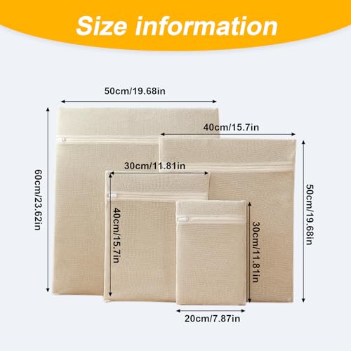 4-Piece 100% Cotton Mesh Laundry Bags, Premium Soft No-Dye Natural Delicate Bags with Sturdy Zippers, Breathable for Underwear, Socks, Clothes & Pants