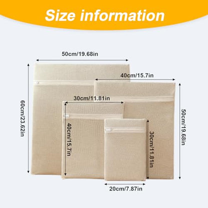 4-Piece 100% Cotton Mesh Laundry Bags, Premium Soft No-Dye Natural Delicate Bags with Sturdy Zippers, Breathable for Underwear, Socks, Clothes & Pants