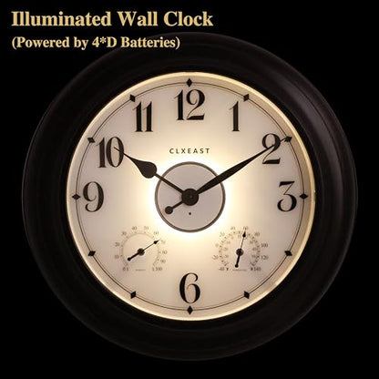 24 Inch Large Illuminated Outdoor Clocks Waterproof,IP65 Rating | Built In Adjustable Thermometer & Hygrometer, Bronze Black Metal, Weatherproof & Easy to Read for Patio, Pool & Home Decor