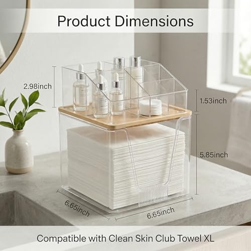 Disposable Facial Towels Holder, 2 in 1 Facial Towels Storage Box | Clear Acrylic Box with Bamboo Lid Stackable Vanity Organizer Cosmetics Organizer Compatible with Clean Skin Club Towel XL