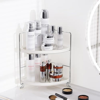 FSyueyun 2-Tier Corner Bathroom Counter Organizer, Vanity Tray, Silver | Plastic Bathroom Organizer Countertop for Skincare, Perfume, Makeup, Tool-Free Assembly, Small Bathroom Corner Tray Shelf