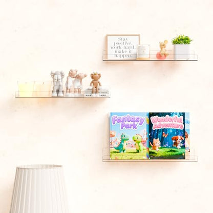 4 Pack 15" Acrylic Shelves for Wall,Bathroom,Bedroom - with Adhesive - No Drilling Clear Floating Shelves for Funko Pop,Lego,Action Figures,Nail Polish,Perfume Shelf and Wall Storage & Display