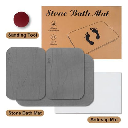 Stone Bath Mat, Set of 3,Diatomaceous Earth Shower Mat, Non-Slip Super Absorbent Quick Drying Bath Mat for Bathroom Floor, Grey