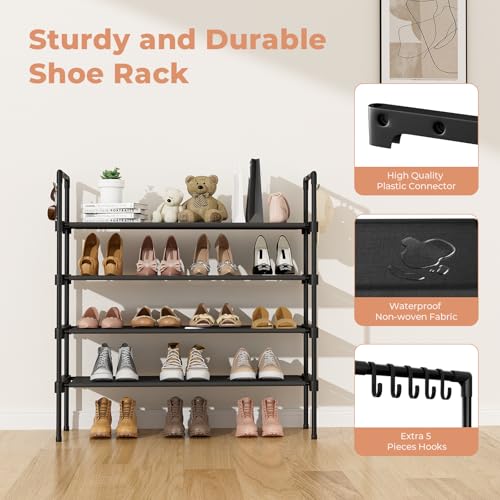 LANTEFUL 4 Tier Shoe Rack for Closet Shoe Organizer with 5 Hooks, Long Shoe Shelf Storage for Shoe and Boot Stackable Free Standing Shoe Rack for Entryway, Garage, Small Spaces, Dorm, Black