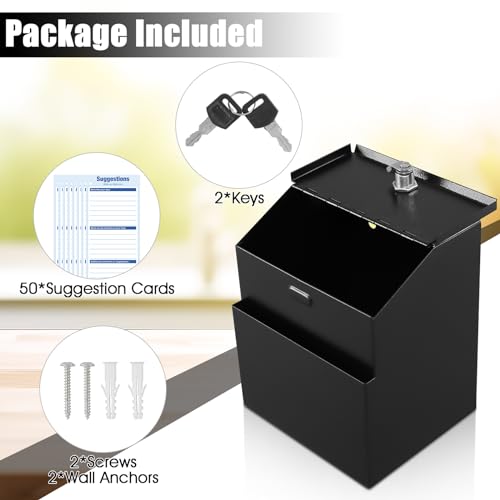 KYODOLED Suggestion Box with Slot and Lock, 50 Suggestion Cards, Black | Employee Comment Collection, Wall-Mount or Tabletop Use, Steel Construction, 2 Keys, Card Storage, 8H x 5.7W x 7L Inch