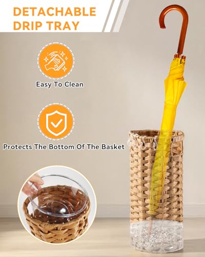 Rattan Umbrella Stand for Entryway,Hand-Woven Umbrella Holder Indoor with Doormat, Removable Drip Tray & 4 Hooks,Waterproof Umbrella Storage Basket