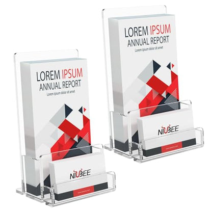 NIUBEE Acrylic Brochure Holder 4‘’, Pamphlet Rack Card Flyer Display Stand | 3mm thick acrylic stand combining brochure holder and business card slot, stable freestanding design for commercial scenes