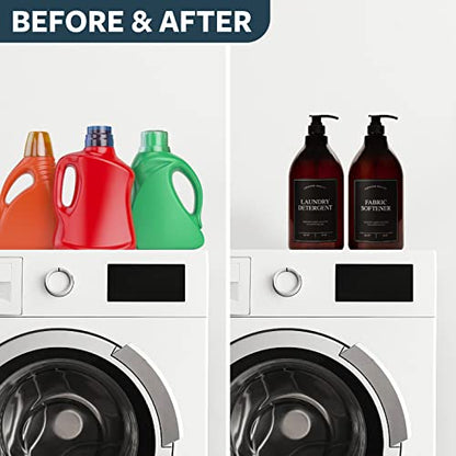 Calindiana Modern Farmhouse Liquid Laundry Detergent and Fabric Softener Dispenser for Laundry Room Decor and Organization, PET Plastic Landry Soap Containers with Water Resistant Labels, Amber 64oz