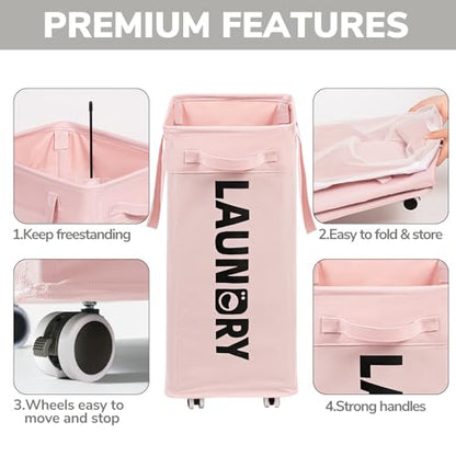 Goodpick 75L Laundry Hamper with Wheels, Dorm Room Essentials for Girls | Laundry Basket with Wheels, Collapsible Laundry Basket, Rolling Laundry Hamper with Handle for College Dorm,Pink