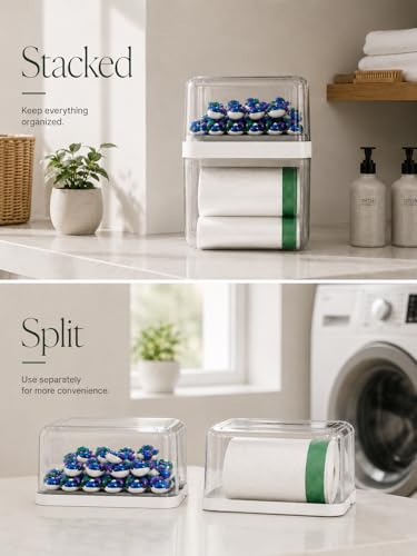 Trash Bag Dispenser & Dishwasher Pods Organizer, Clear Acrylic Garbage Bag Holder Under Sink Organizer With Removable Lid, Laundry Pods Container for Kitchen Pantry Laundry Room (3IN1 Dispenser)