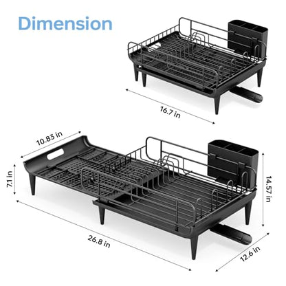 TOOLF Lagre Dish Drying Rack, Expandable Sink Dish Drainer, Black | Extendable 16.7" to 26.8", Stainless steel, Rust-proof, Fits Kitchen counter, Fast Drainage, Cutlery Holder, Space-Saving