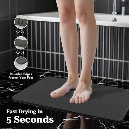 Stone Bath Mat, Quick Drying Bath Mat for Bathroom, Diatomaceous Earth Mat, Quick Dry Shower Mat, Fast Absorbent, Elegant Design, Easy to Clean - Black 23.6×15.35
