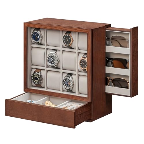 SONGMICS Watch Box 12-Slot Watch Display Case with Window | Solid Wood Veneer, Velvet Lining, Vertical Storage, Space Saving, Gift Idea, Coffee Brown, UJOW014K01