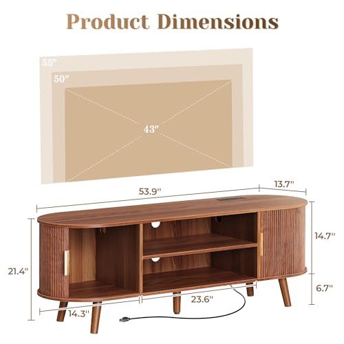54 Inch Fluted TV Stand for TVs up to 55 Inch, TV Media Console with Power Outlets and USB-C Port, Entertainment Center with Storage, Curved Sliding Doors, Adjustable Shelf, Brown