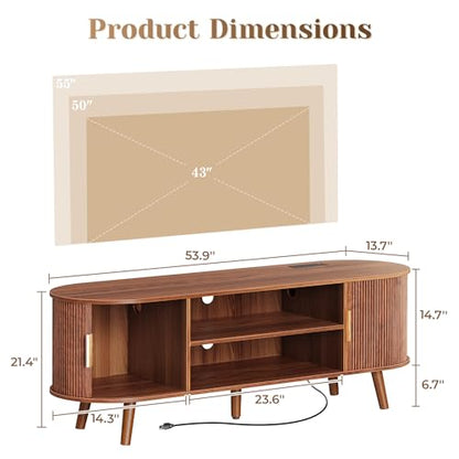 54 Inch Fluted TV Stand for TVs up to 55 Inch, TV Media Console with Power Outlets and USB-C Port, Entertainment Center with Storage, Curved Sliding Doors, Adjustable Shelf, Brown