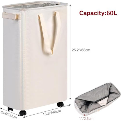 efluky Slim Laundry Hamper with Wheels, Rolling Laundry Basket for Clothes, Small Laundry Basket for Bedroom, Dorm and Laundry Room, 60L (12.7 Gallons) Beige