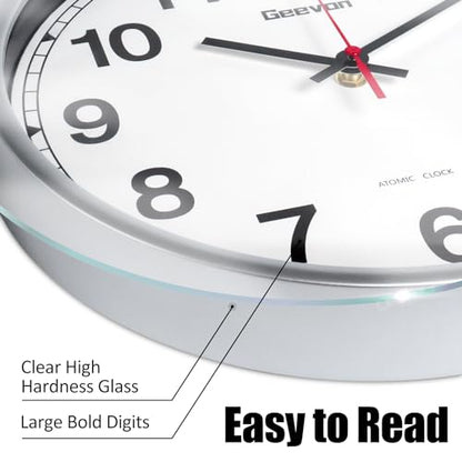 Geevon 12 Inch Atomic Wall Clock - Self-Setting Analog Clock with Automatic Time Sync - Battery Operated for Home Office School - Silver Frame