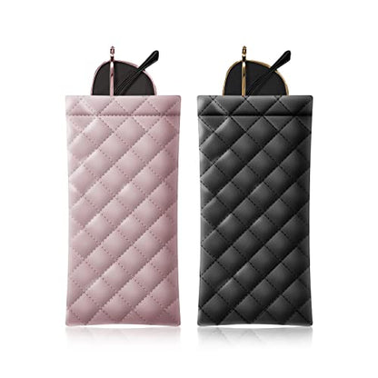Squeeze Top Sunglass Pouch - Portable Sunglass Organizer Pouch Bags Soft PU Leather Glasses 2 Pack
