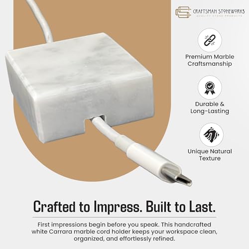 Cord Organizer – Polished Marble Cable Tidy, Single | Handmade polished white marble cord holder keeps a charging cable tidy on your desk. Weighted, non-slip. Single slot.