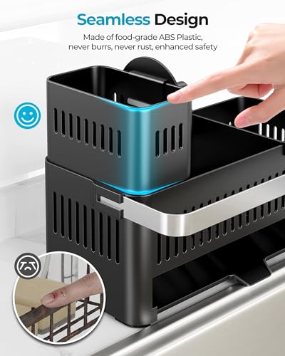 Nieifi Sponge Holder, Black Rustproof ABS Sink Caddy with Towel Rack | Smiley Sponge and Brush Holders with Drainage to Keep Items Dry. 10"L x 4.5"D. Kitchen Counter Organizer & Essential Storage.