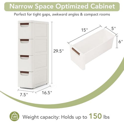 4 Drawers Narrow Bathroom Storage Cabinet, Slim Storage Cabinet, Plastic Slim Storage Cart Drawers for Small Spaces, Laundry, Office, Home, White
