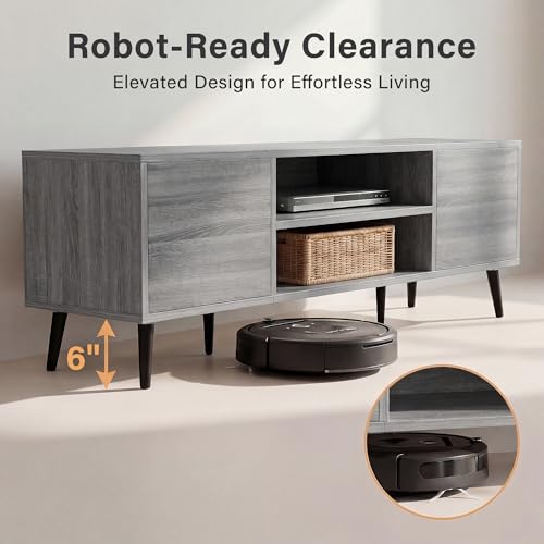 YESHOMY Mid-Century Modern TV Stand for 55-65 Inch TVs, 58 Inch Entertainment Center with Storage, Media Console with Push-to-Open Doors and Cable Management for Living Room, Bedroom(Light Gray)