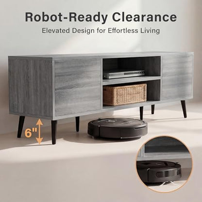YESHOMY Mid-Century Modern TV Stand for 55-65 Inch TVs, 58 Inch Entertainment Center with Storage, Media Console with Push-to-Open Doors and Cable Management for Living Room, Bedroom(Light Gray)